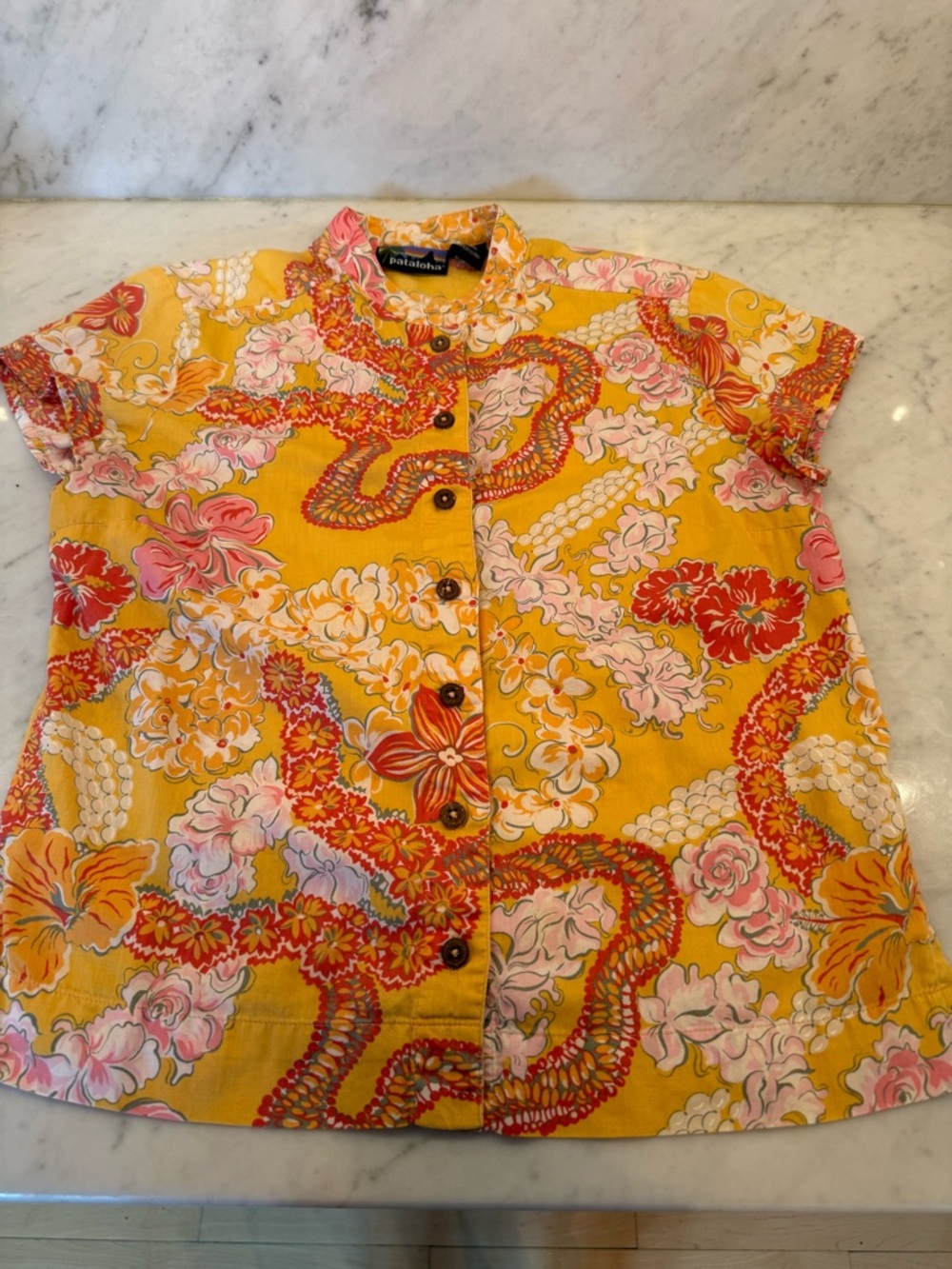 Pataloha Patagonia Women’s Yellow Floral Button Front Shirt with Ginger Pattern